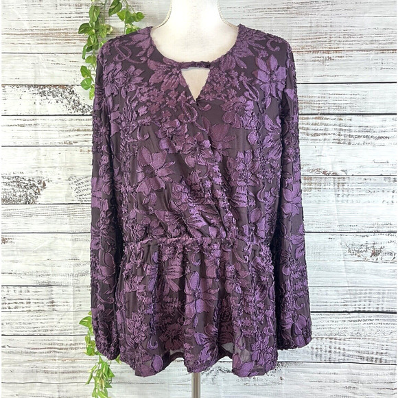 DG2 Blouse size Large Purple Floral Velvet Cutouts Wedding Evening Cocktail Slim - Picture 1 of 16